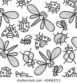 Monochrome vector seamless pattern with funny ladybugs, dragonflies, flies, insects.