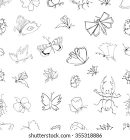Monochrome vector seamless pattern with hand drawn insects