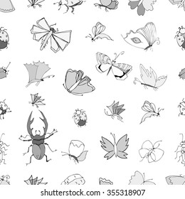 Monochrome vector seamless pattern with hand drawn insects