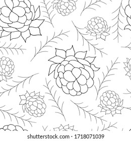 Monochrome vector seamless pattern. Outlines berries and twigs on a white background. 