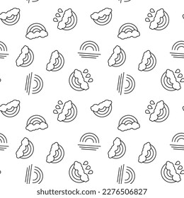 Monochrome vector seamless pattern of rain, cloud, rainbow over sea for web sites and polygraphy 