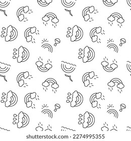 Monochrome vector seamless pattern of rainbow with balloon, rain and bird over sea for web sites and polygraphy 