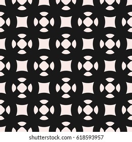 Monochrome vector seamless pattern, simple geometric figures, smooth shapes, squares, circles. Dark abstract background, repeat tiles. Modern geometrical texture. Design for print, furniture, fabric