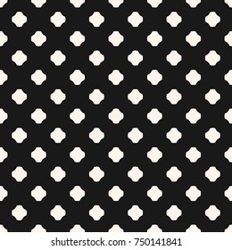 Monochrome vector seamless pattern. Simple abstract minimalist geometric background with rounded crosses, floral shapes, dots. Black and white repeat texture. Perforated surface. Decorative design