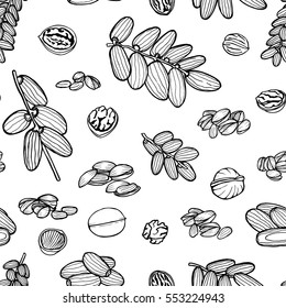 Monochrome Vector seamless pattern sketched nuts in hand drawn style