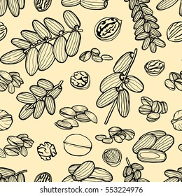 Monochrome Vector seamless pattern sketched nuts in hand drawn style