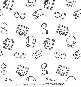 Monochrome vector seamless pattern of swim cap, basketball, gloves for box, kayak for web sites and polygraphy 