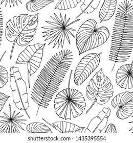 Monochrome vector seamless pattern with tropical leaves. Jungle exotic background.