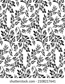 Monochrome vector seamless pattern with wormwood herbaceous on white background. Fabric with grass fields. Wallpaper with a branches of sagebrush. Natural background with Artemisia absinthium