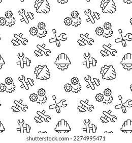 Monochrome vector seamless pattern of wrench, spanner, hammer, gear, helmet for web sites and polygraphy 