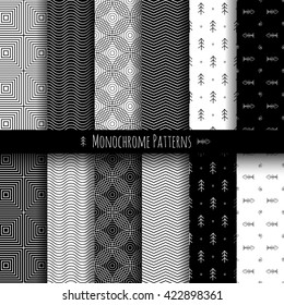 Monochrome vector seamless patterns set. Four simple black and white geometric backgrounds and two hand drawn patterns. Dark versions included. Perfect for wrapping paper or fabric and textile design.