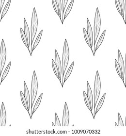 Monochrome vector seamless plant pattern. Endless background decorative elements. Modern floral texture.