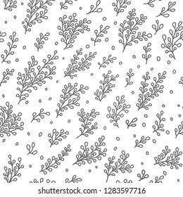 Monochrome vector seamless plant pattern. Endless background decorative elements. Modern floral texture.
