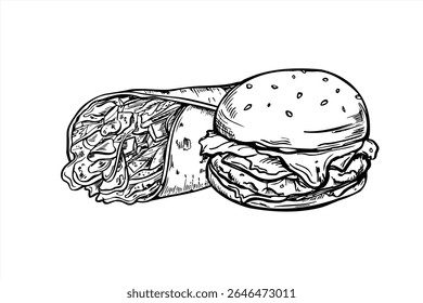 Monochrome vector sesame burger and flour tortilla wraps with vegetables, grilled meat, salad leaves illustration painted by black inks. Etching drawing of classic homemade sandwich