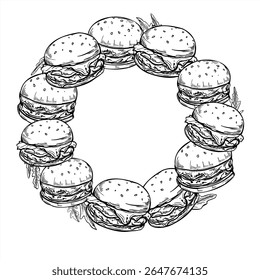 Monochrome vector sesame burger with vegetables and cheese round frame painted by black inks. Etching drawing of classic homemade hamburger wreath for fast food logos, packaging, menu design.