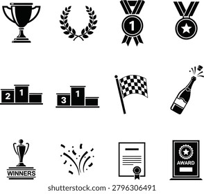 Monochrome vector set of achievement symbols: trophy, medal, podium (1, 2, 3), checkered flag, champagne bottle with cork, diploma, award ribbon, and laurel wreath.
