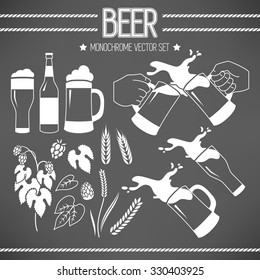 Monochrome vector set of beer, wheat and hops