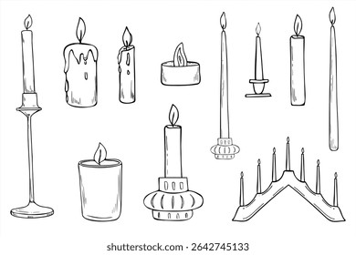 Monochrome vector set of burning candles in various shapes and sizes painted by black inks. Seven candles for Scandinavian Christmas themes, holiday home decor. For Hanukkah design, spiritual decor.
