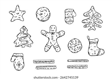 Vetor monocromático conjunto de biscoitos de gengibre de Natal com paus de canela pintados por tintas pretas. Homens, estrela, mitten, bota, árvore gravando desenho para férias assar embalagem, livro de receitas festivas