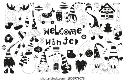 Monochrome vector set of cute scandinavian gnomes, christmas elements and characters. Kids illustrations isolated on white background. Cute collection for x-mas design.