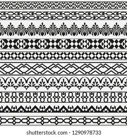 A monochrome vector set of dividers in east style. Borders for the text and execution of various pages and documents. Seamless geometrical patterns. Design elements.