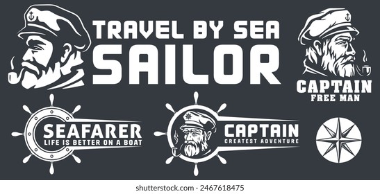 Monochrome vector set featuring sailor and captain, including marine expressions and navigational symbols for ocean enthusiasts.