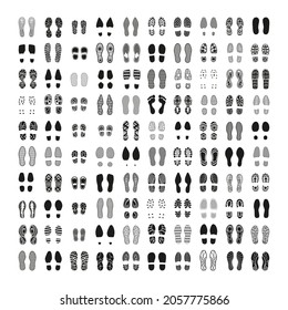 Monochrome vector set of footwear prints. Various black outsole tracks.