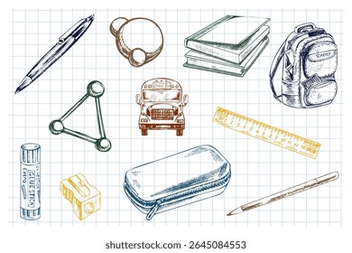 Vetor monocromático conjunto de itens escolares desenhados à mão, incluindo mochila, livros, ônibus, lápis caso, cola, caneta, régua, modelo de molécula e afiador. Estilo de esboço vintage em papel gráfico.