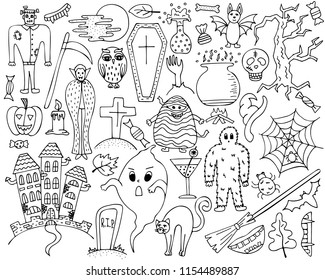 Monochrome vector set with hand-drawn Halloween doodles.