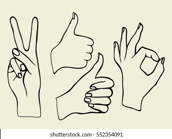 Monochrome Vector set of hands. Icons of different characters. Pointing finger. Clapping, applause, Good and ok.