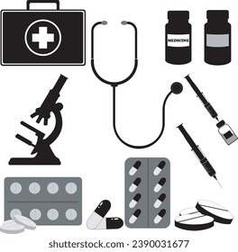 Monochrome Vektorgrafik-Set von medizinischen Tools. Sauberes, detailliertes Design, perfekt für medizinische, gesundheitliche und professionelle Konzepte. Hochwertige Vektorkunst.