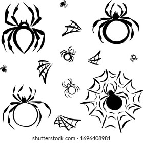Monochrome vector set of spiders and spider web hand drawn.Isolated design elements on a white background.