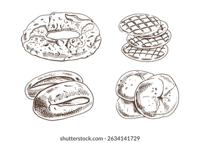 Monochrome vector set of traditional bread types, hand drawn in vintage engraving style. Includes ring bread, flatbread with grill pattern, oval loaves, and round crusty buns. 