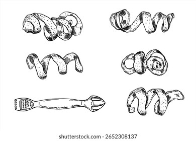 Monochrome vector set with whole spiral lemon peel and kitchen tool for zester, peeler and juicer. Citrus gadget line art for cooking blogs, bar equipment, fruit packaging, culinary infographics.