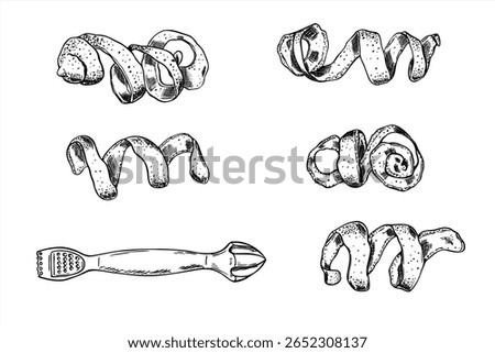 Monochrome vector set with whole spiral lemon peel and kitchen tool for zester, peeler and juicer. Citrus gadget line art for cooking blogs, bar equipment, fruit packaging, culinary infographics.