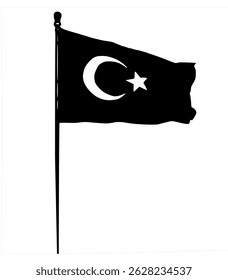 A monochrome vector silhouette of a flag featuring a crescent and a five-pointed star. Simplified and symbolic design for editorial or illustrative use.