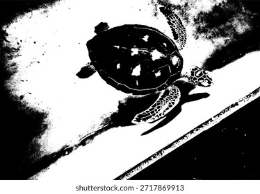 Silueta de Vector monocromo de una tortuga marina en un tanque de rehabilitación. Ilustración artística de alto contraste que representa la conservación marina y el rescate de la vida silvestre