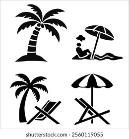 Monochrome vector silhouettes of palm trees, beach umbrellas, lounge chairs, and a relaxing figure. Ideal for summer, vacation, and travel-themed designs like posters, logos, and digital projects.