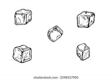 Monochrome vector single ice cubes with smooth edges set illustration painted by black inks. Etching drawing of frozen juice or water cube for drinks. Food elements for menu, cocktail party.
