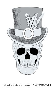 Monochrome vector skull in top hat with feathers isolated on white background 