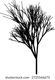 Monochrome vector of a spreading tree crown with dry, leafless branches.
