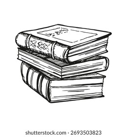monochrome vector stack of old, antique books, pile of academic, magic folios, black and white illustration of science, library, mystic, hand drawn sketch of fairy tale, studying, learning theme