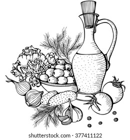 Monochrome vector still life with vegetables and bottle of oil on white background