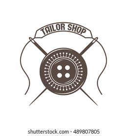 monochrome vector tailor shop logo for custom dressmaking company; retro style badge for handmade sewing
