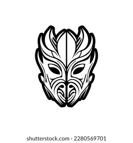 Monochrome vector tattoo depicting a Polynesian god's face.