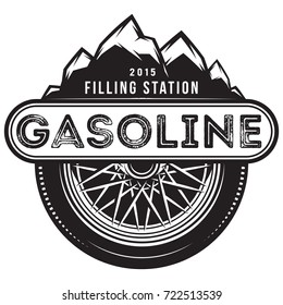 monochrome vector template for gas station with wheel and mountains.