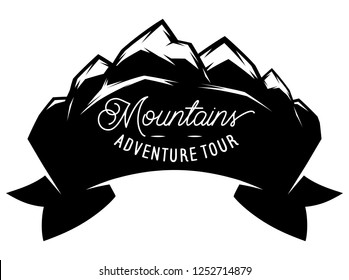 Monochrome vector template with stylized inscription, mountains. Editable for design.