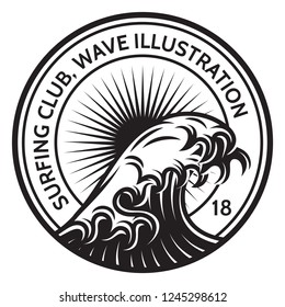 Monochrome vector template with a wave of water on the theme of surfing.