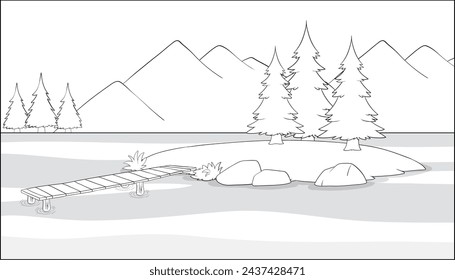 Monochrome vector of a tranquil winter scene
