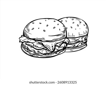 Monochrome vector two lunch sesame burgers with meat, vegetables line art painted by black inks. Etching drawing of classic homemade tasty beef or vegan sandwiches for fast food packaging, menus.